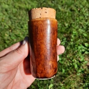 Vintage Brown Ceramic Glazed Cylinder With Cork Stopper Lid Toothpick Holder